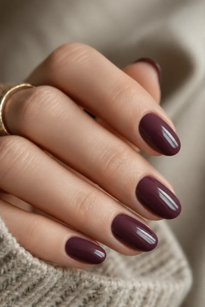 Short almond nails in smoked plum; the tips look slightly darker than the base color, like a subtle gradient but still mostly solid; glossy finish.