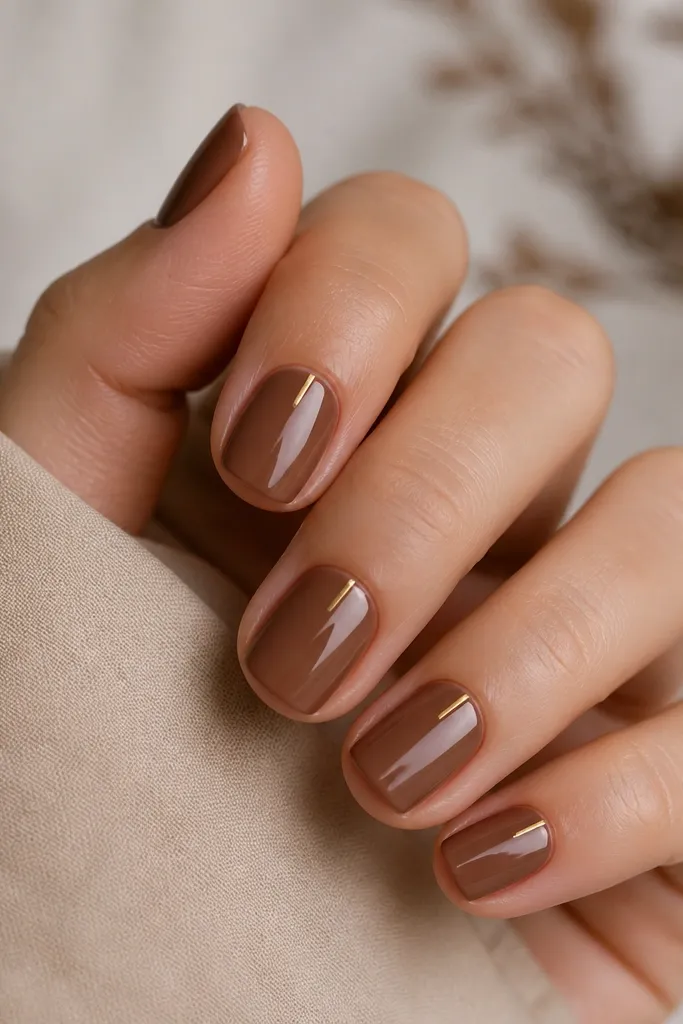 Short square nails painted a warm cocoa-brown cream. Near each cuticle, there is a tiny straight gold foil line, centered and thin, with a glossy finish.