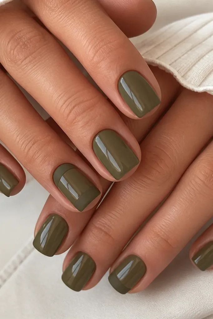 Short square nails painted in smoked olive. On one accent nail per hand, the tip is matte and slightly thicker, creating a French tip look against the glossy olive base.