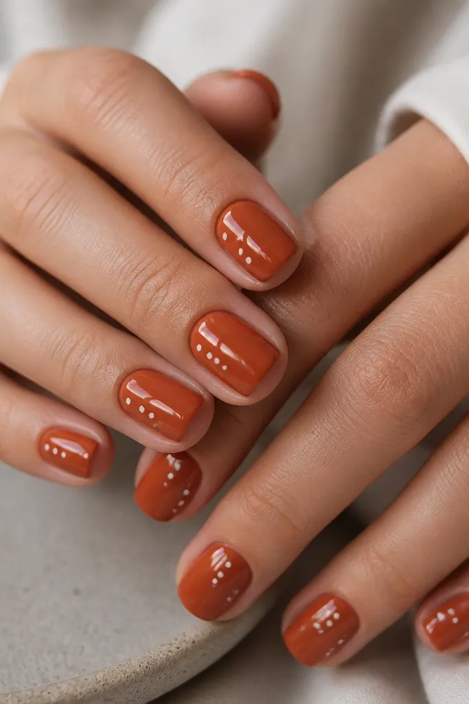 Short square nails in a terracotta rust color. Each nail has 2-4 tiny white dots spaced near the side edges, and the nails have a high gloss shine.