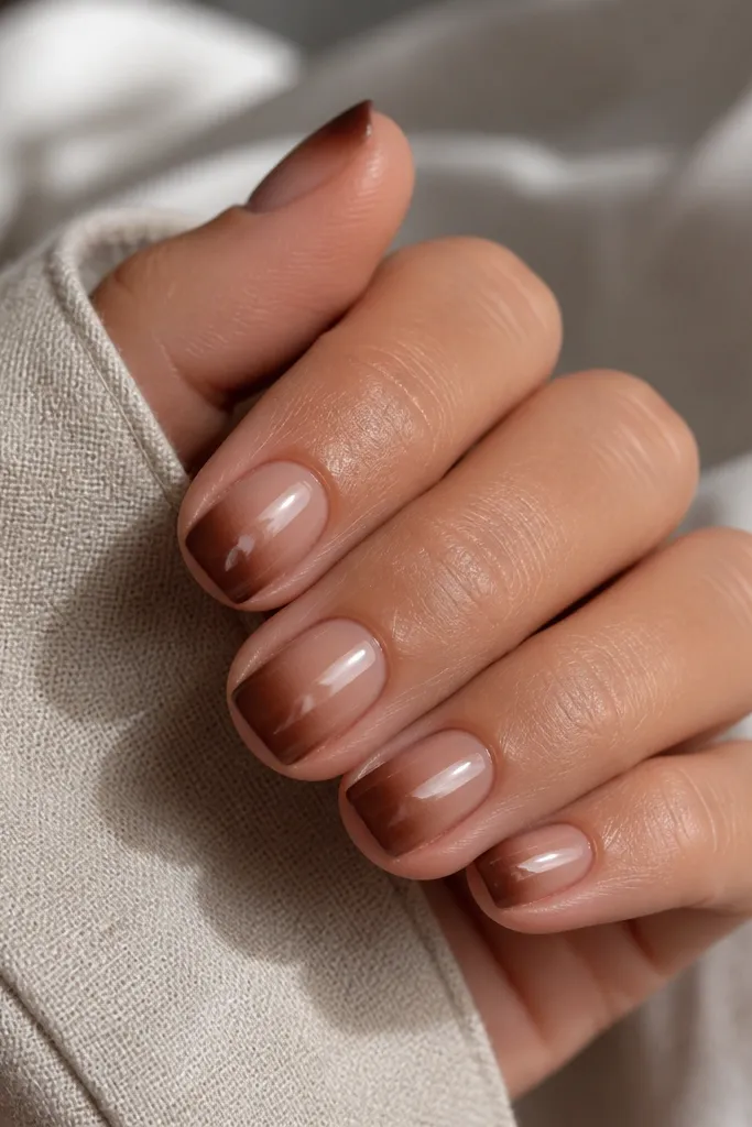 Short square nails with a smooth gradient: chocolate brown is strongest near the tips and fades into a nude base toward the cuticle. The finish is glossy and smooth.