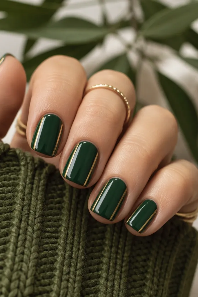 Short square nails painted forest green with two thin gold lines running down each side of the nail, leaving the center solid green. Glossy finish.