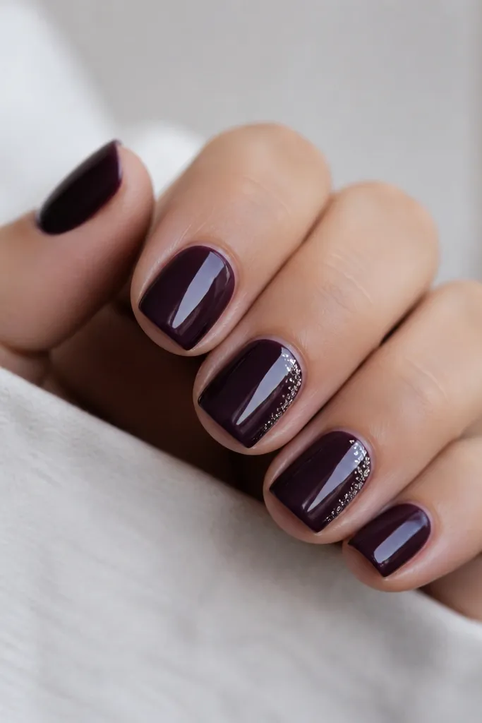 Short square nails in blackened plum. On two nails, there are tiny clear crystal specks near the cuticle and along one side, with a very glossy finish.