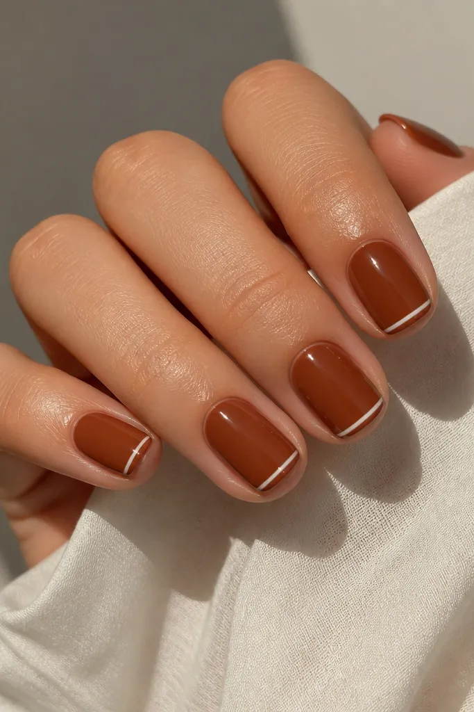 Short square nails in warm sienna brown. Each nail has a thin white line at the very tip edge, parallel to the square border, glossy finish.