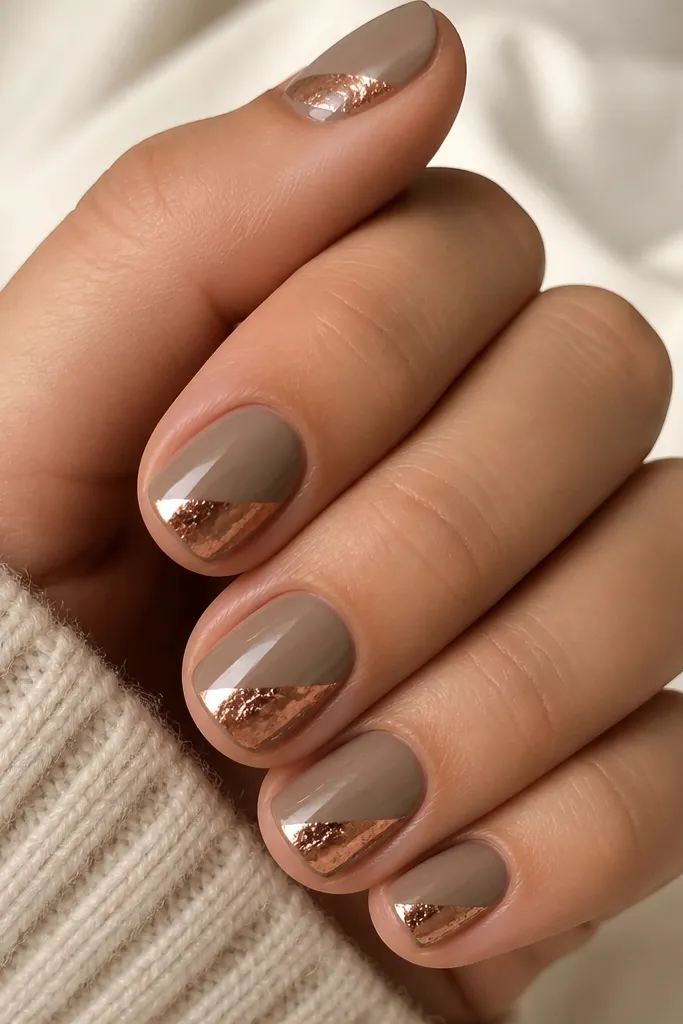 Short square nails painted warm taupe. On each nail, a copper foil half-stripe runs diagonally from the lower side toward the center, with a glossy finish.
