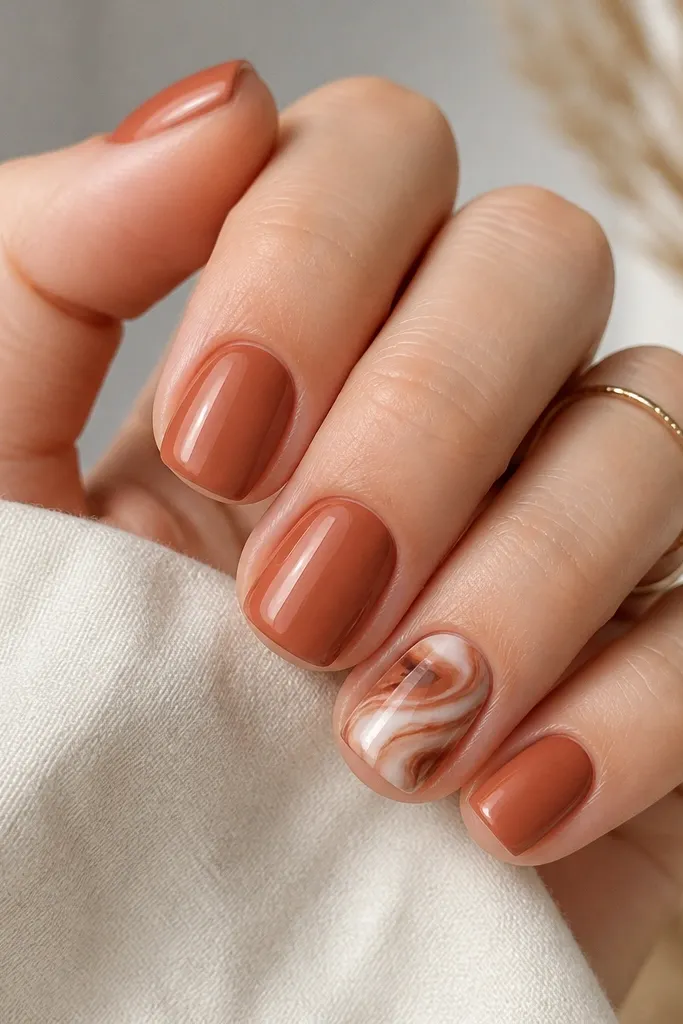 Short square nails in a solid terracotta base. The ring finger shows a marble swipe: creamy white and darker brown streaks across a translucent terracotta layer. Glossy finish.