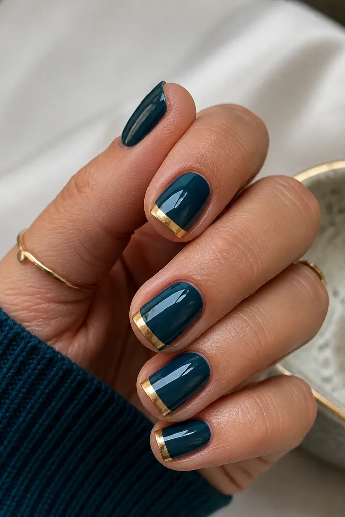 Short square nails painted moody teal. The tips are dipped in gold polish or foil so the free edge has a metallic gold band, with glossy finish.