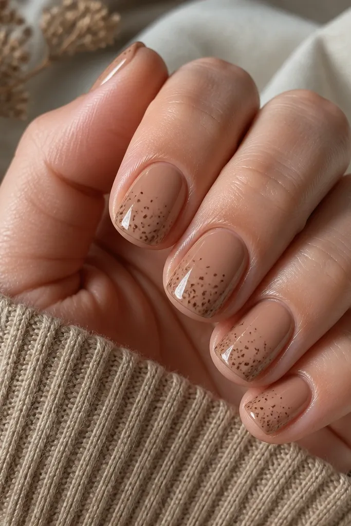 Short square nails in camel nude. On each nail, tiny chocolate-brown speckles fade from mid-nail toward the tip, with a glossy finish.
