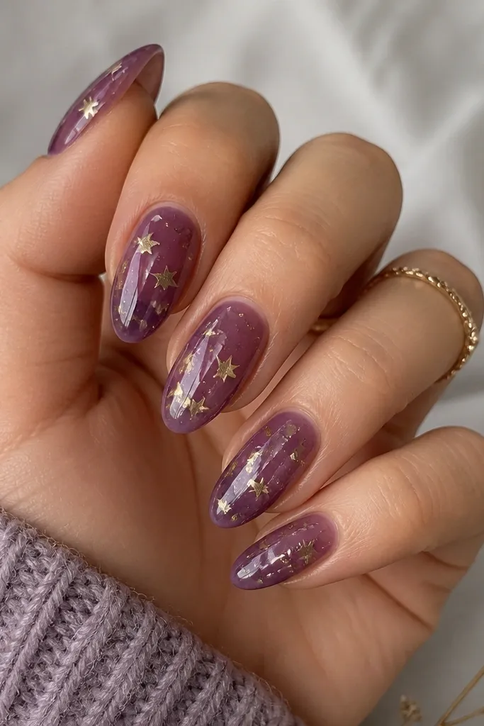 Medium-length almond nails with a translucent grape jelly purple base. Tiny gold star confetti floats inside the jelly layer, with the stars placed more toward the center and slightly toward one side. The top coat is glassy and reflective.