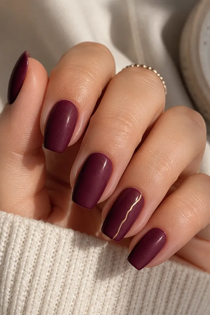 Short coffin nails in a rich velvet plum with a soft, slightly textured sheen. On the ring finger, a thin gold swirl runs along the right sidewall from mid-nail toward the tip. Other nails are solid plum with a smooth finish.