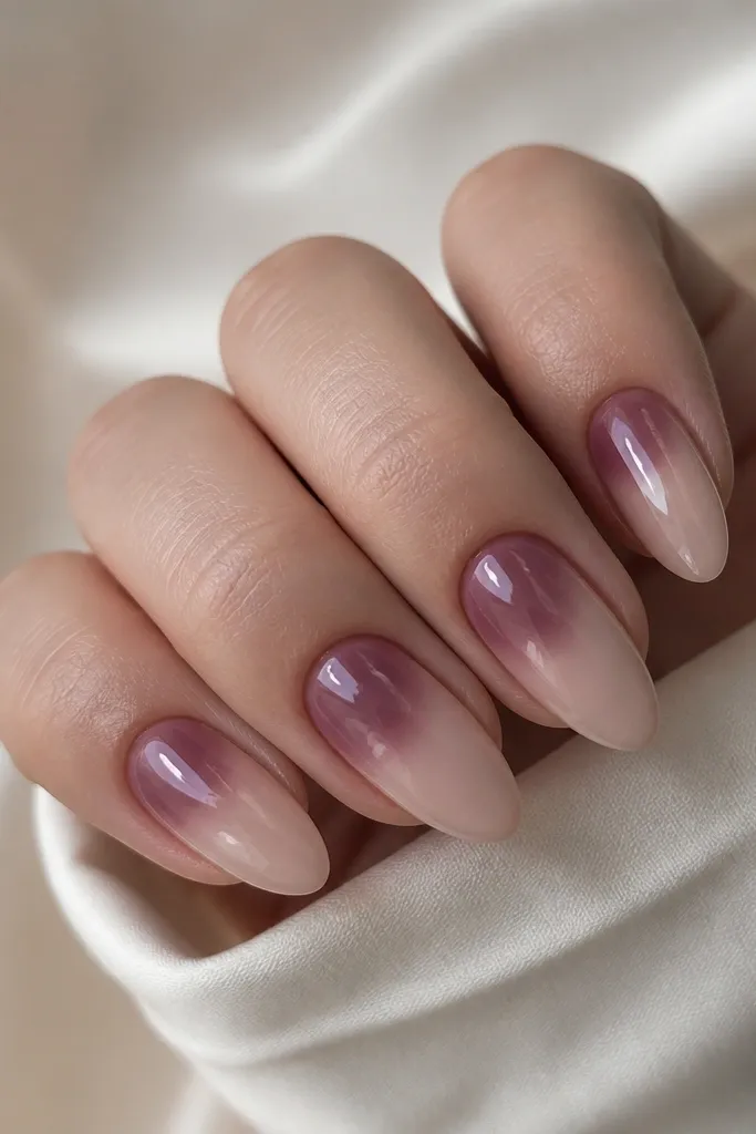 Almond nails with a sheer nude base. There's a soft aura glow in deep plum around the cuticle, fading outward like a halo. The aura is blurred and smooth with a glassy top coat.