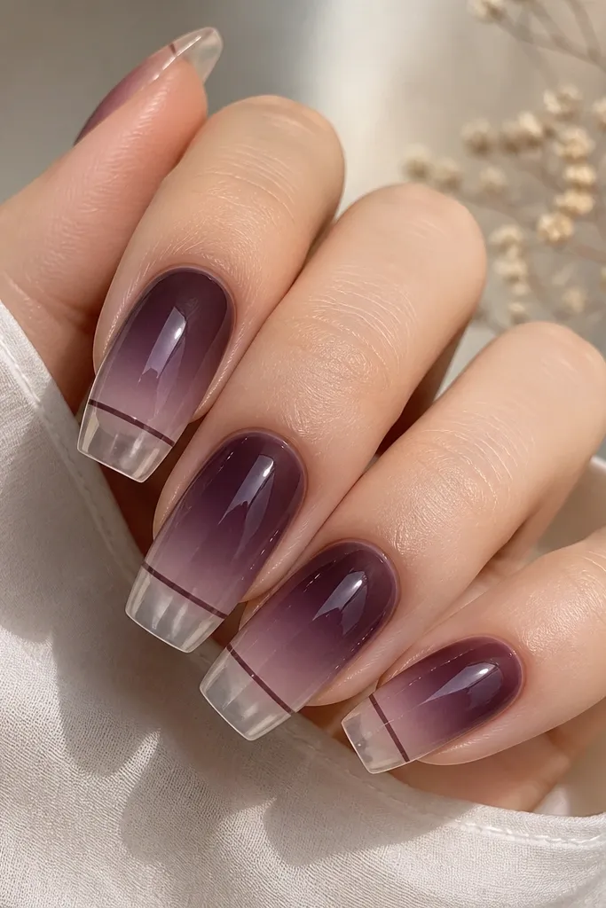 Long squoval nails. The middle and cuticle are a dark purple smoke gradient that fades softly. A crisp negative-space line runs horizontally near the tip, leaving the very tip clear. The look is glossy and airy.
