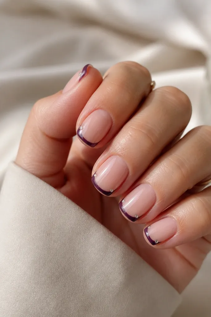 Short square nails with a sheer nude base. A crisp dark purple outline traces the French shape around the free edge. On one corner of the French, there's a tiny single rhinestone. Everything is glossy and clean.