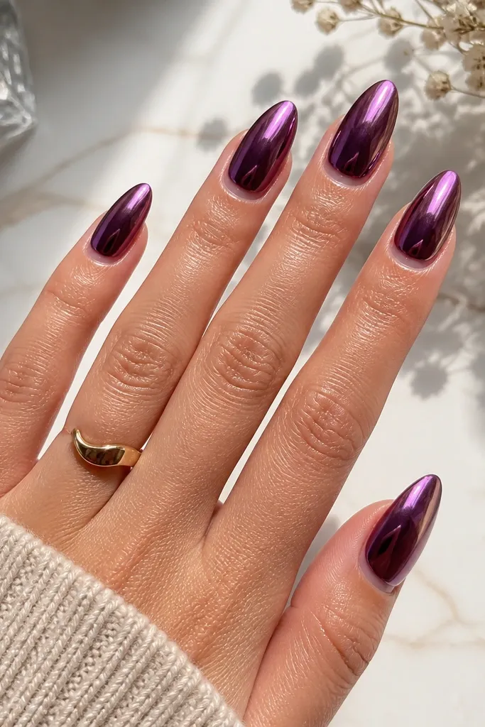 Medium almond nails with a plum-to-purple gradient under a smooth chrome finish. The cuticle area shows a thin, clean margin of natural nail or gel line, while the rest is mirror-bright.