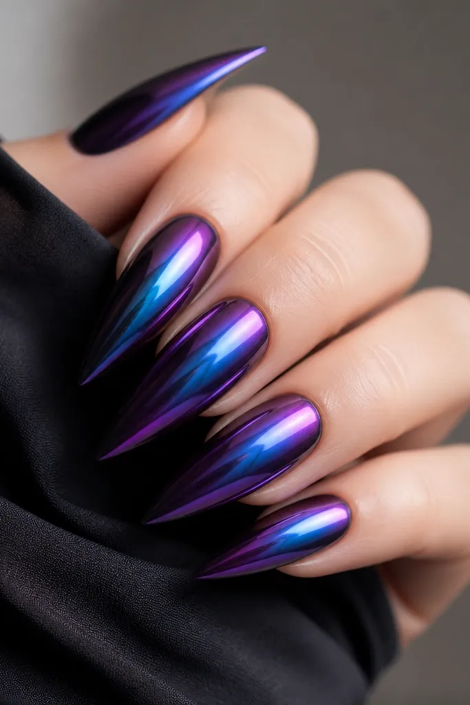Stiletto nails with a dark purple base that shifts into teal-blue and violet reflections. The chrome looks like an oil-slick film, brightest near the center and fading toward the tips.