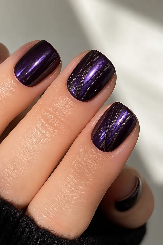 Short square nails in deep dark purple mirror chrome. Thin black micro-foil strips run diagonally across two nails, catching light like fine wiring.