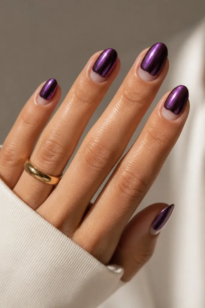 Medium oval nails with a mirror dark purple chrome top half. The lower part near the cuticle shows a clear or nude half-moon cutout, creating a crisp crescent.