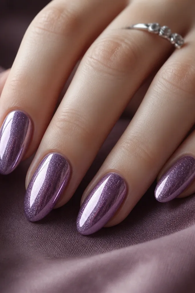 Rounded almond nails painted grape violet with a mirror chrome finish. Over the chrome, a faint micro glitter veil creates a soft sparkle that still looks smooth.