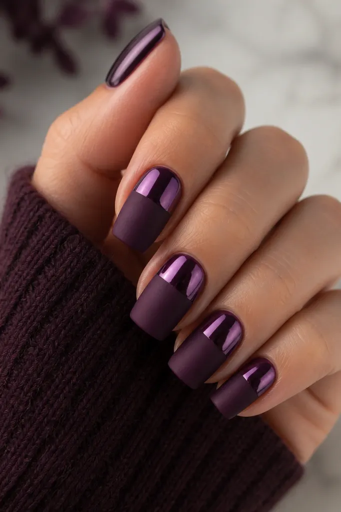 Square nails with a matte dark purple base. Only the top portion has a glossy mirror chrome finish, creating a two-tone matte-to-mirror look.