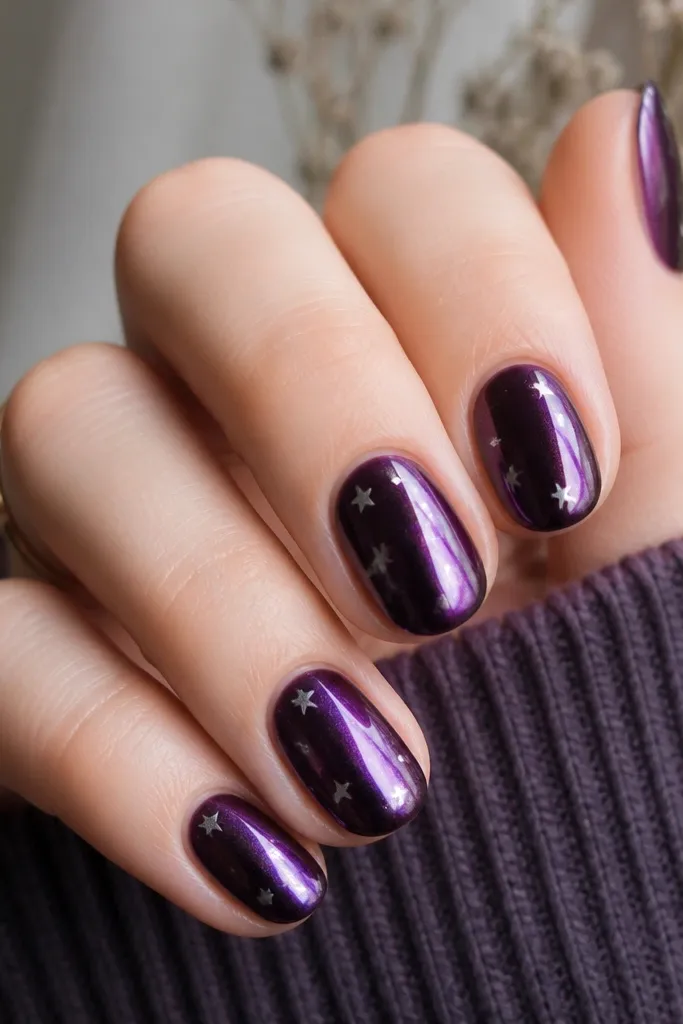 Short oval nails in dark purple mirror chrome with scattered tiny star-shaped foil dots. The stars catch light like silver confetti but stay sparse.