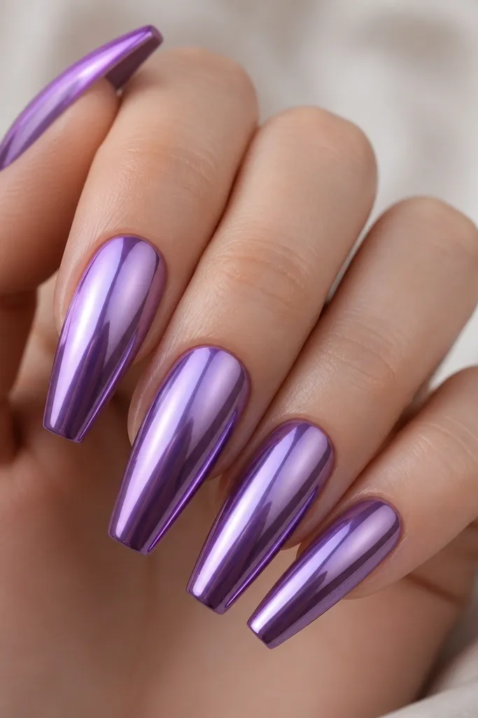 Coffin nails in royal plum purple mirror chrome, with a pearly violet overlay that softens the reflection. The shine is still mirror-bright but looks slightly diffused.