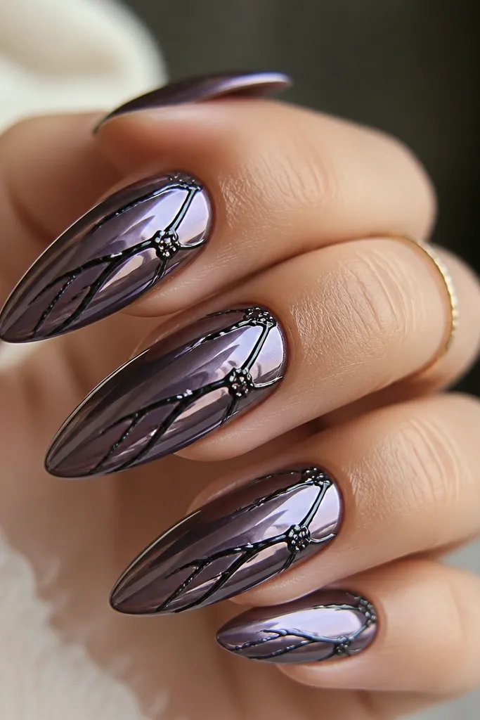 Long almond nails in smoked amethyst chrome. The base is a smoky purple that shifts toward gray at the edges. Thin black lace-like vein lines branch from the cuticle toward the sidewalls, with a few tiny cross-hatch knots. Chrome stays super reflective on the main panel, while the black lines look slightly raised and matte against the shine.