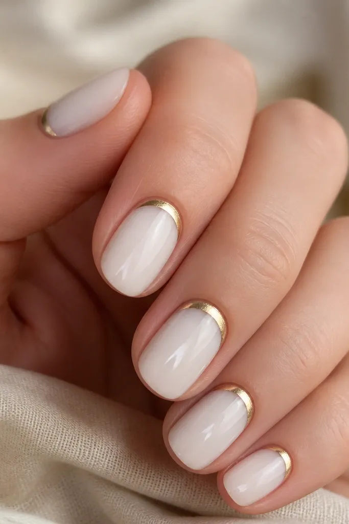 Close-up of short oval nails painted milky white with a warm champagne glow. Each nail has a clean gold half-moon at the cuticle area, like a tiny metallic crescent. The rest of the nail is glossy and opaque, no glitter.