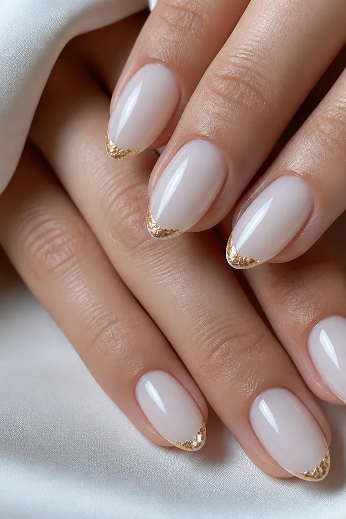 Medium almond nails with a milky white base. The French tip is extremely thin and crisp, and the very edge has small gold leaf pieces concentrated at the tip corners. The gold is warm and irregular, but the French line is straight.