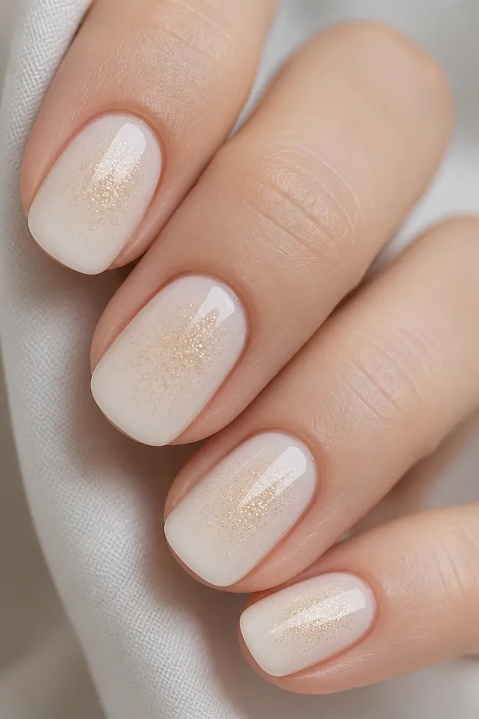 Short squoval nails painted milky white. Under the top layer, there's a subtle dusting of fine gold micro-glitter concentrated toward the center and fading outward. The nails look glassy with no chunky sparkle.