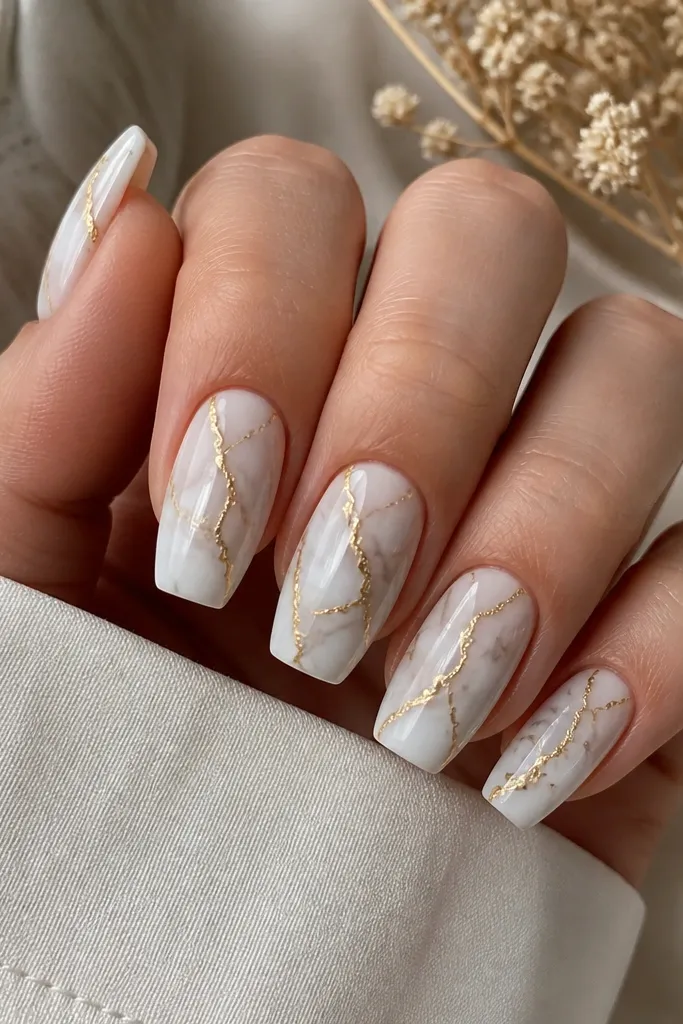Medium coffin nails with milky white base. Soft grayish swirls create marble movement, and warm gold lines trace the veins like thin cracks. The gold is metallic and slightly raised under the gloss.