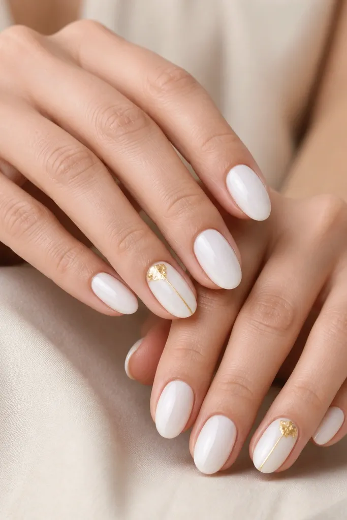 All nails are milky white and glossy except one accent nail on each hand. The accent nail has a gold foil cluster near the cuticle and a thin gold line down one side. Other nails stay plain white, clean and bright.