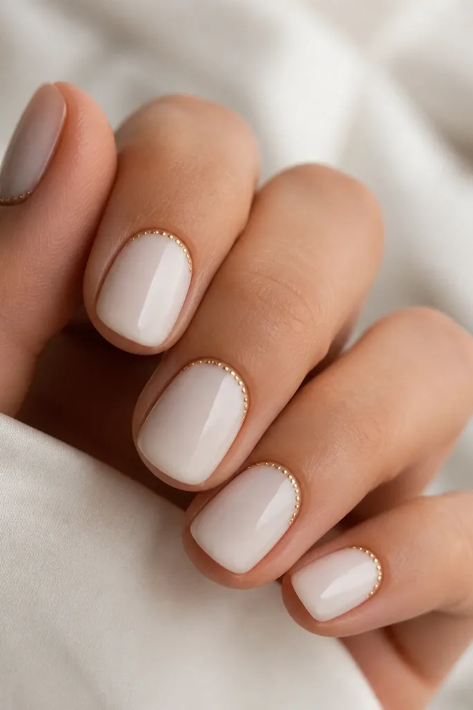 Short rounded nails in milky white. Around the cuticle edge there's a thin ring made of tiny gold dots, like micro beads. The dots are evenly spaced and the nails are glossy.