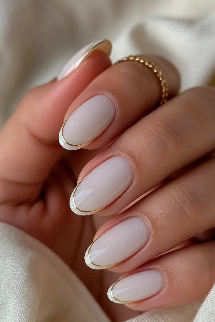 Almond nails painted soft milky white. The French tip is not filled in with gold; instead, there's a thin gold outline following the smile line. The outline has a crisp curve and the rest stays milky and glossy.