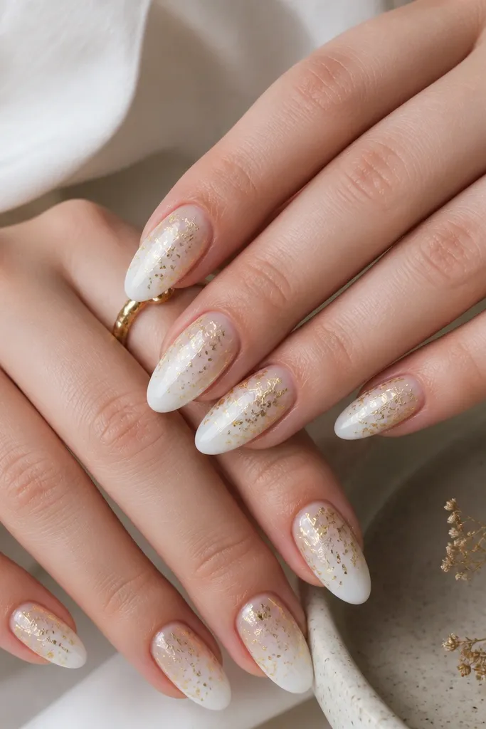 Medium almond nails with milky white at the cuticle. The color fades into gold foil concentrated at the top third, with a soft ombré transition. The gold looks layered and airy, not chunky.