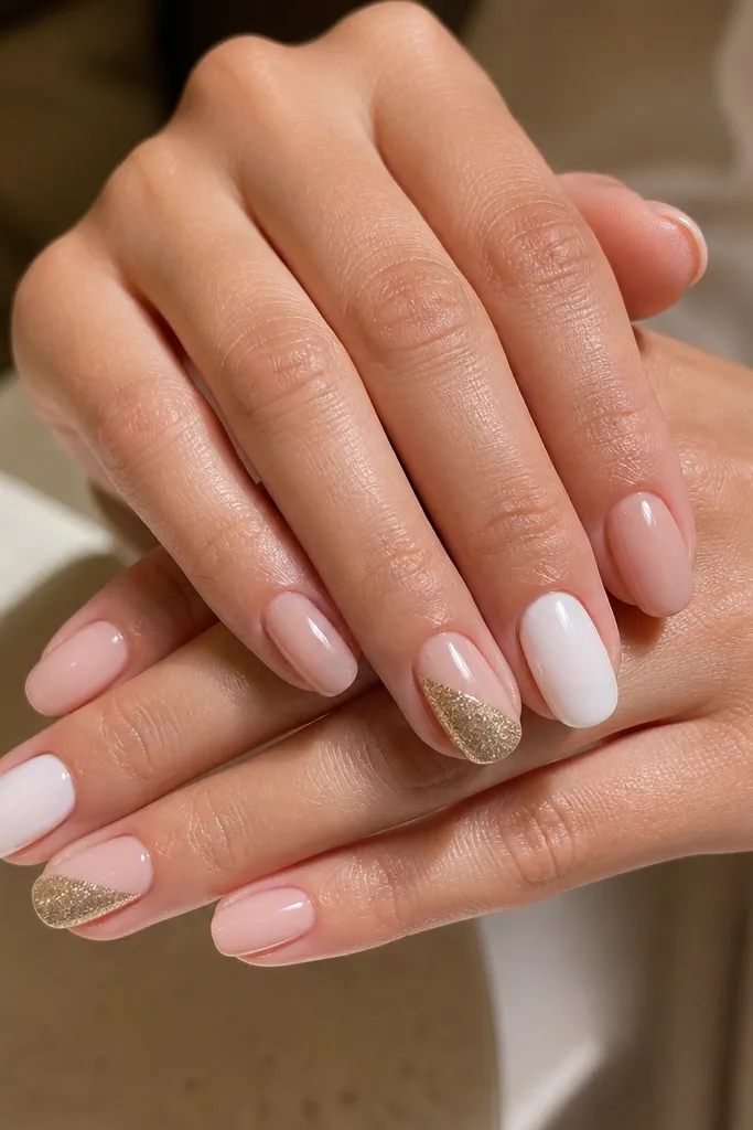 Two nails on each hand are milky white and glossy. One accent nail has a diagonal half coverage of gold micro glitter starting from the lower left and moving up to the upper right. The gold side is dense and the milky side is clean.
