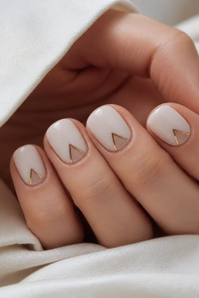 Short square nails with milky white base. Near the center of each nail, there's a small triangle of clear (negative space) outlined with gold foil or gold gel. The triangle points toward the tip, and the rest is glossy white.