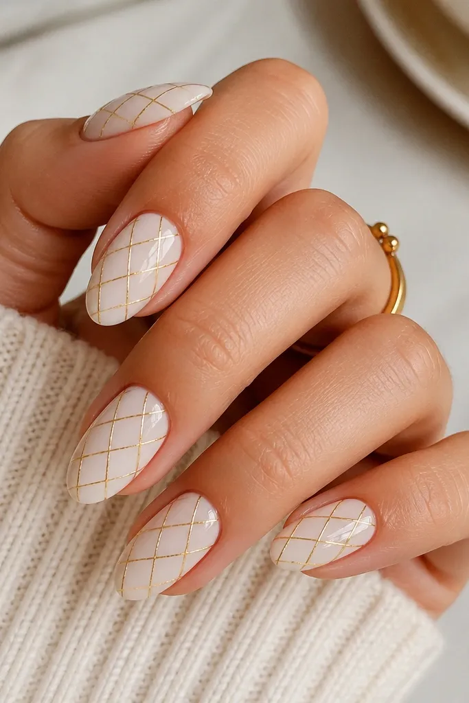 Medium almond nails painted milky white. Across each nail are thin gold lines that crisscross into a light lattice pattern. The lines are straight and evenly spaced, with a glossy, clean finish.