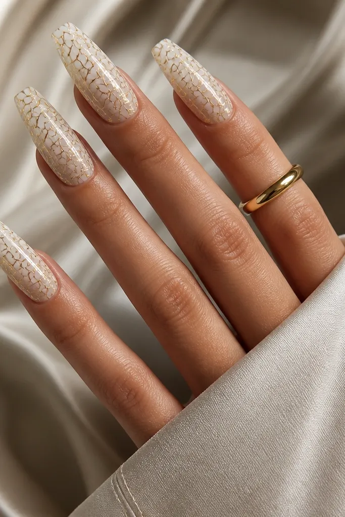 Coffin nails with milky white base. Over the top, there's a gold crackle effect with fine metallic lines that break into tiny irregular pieces. The crackle covers the whole nail, but it still looks smooth and glossy.