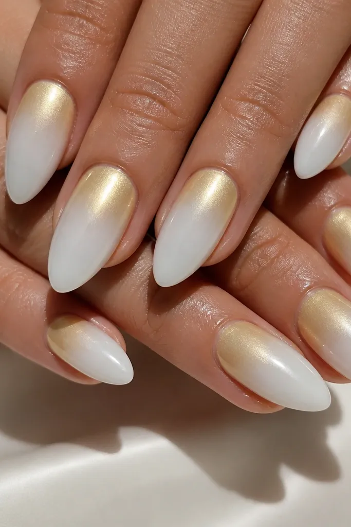 Almond nails in milky white with a soft gold aura centered around the cuticle area. The gold glow fades outward like a halo, with a gentle gradient rather than a sharp line. The nails are glossy and smooth.