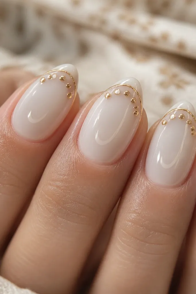 Close-up of almond nails in milky white semi-translucent gel. The center of each nail has a clear-glass layer with a soft milky glow, and a thin gold halo ring sits around the cuticle. Tiny gold studs form a broken circle near the lunula, with one stud landing slightly off-center for a handmade look. The finish is glossy, and the gold reflects warm light.