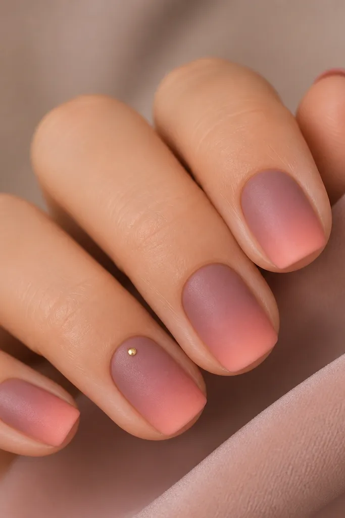 Close-up of short squoval nails painted a dusty rose-mauve. The tips fade into a peachy pink glow, and the velvet finish looks like soft fabric - no shine except a faint satin edge. One nail has a tiny gold dot at the corner near the cuticle.