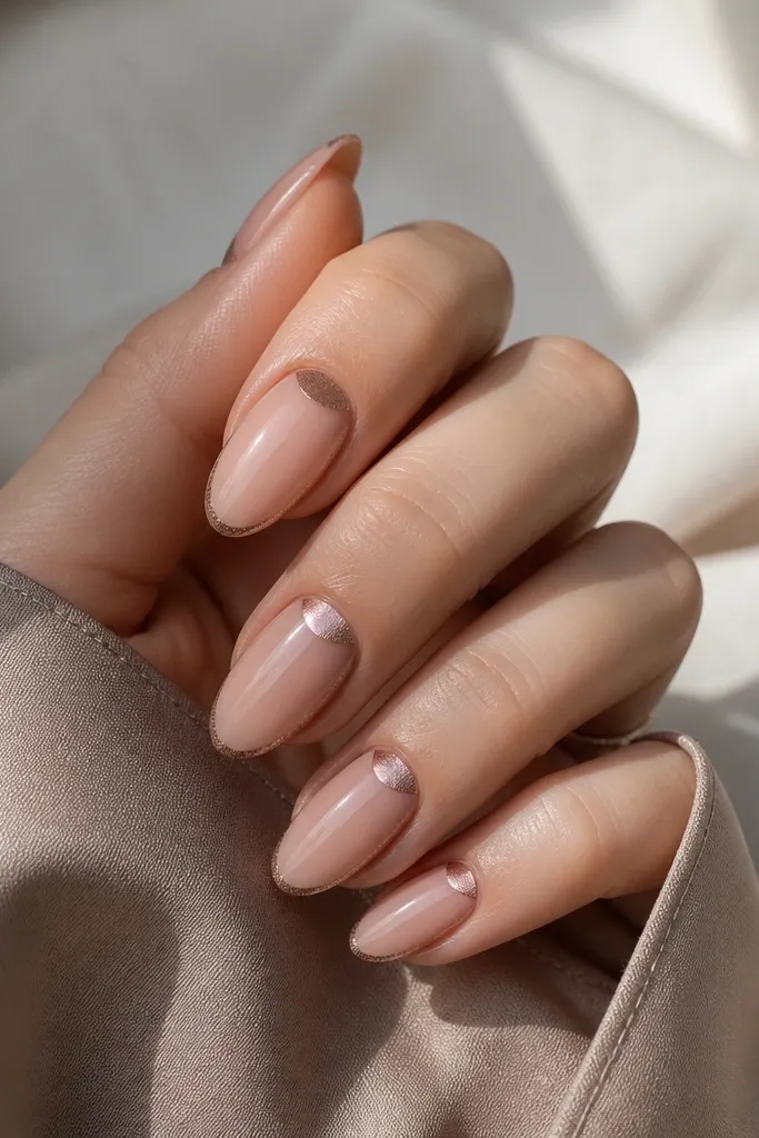 Almond nails in a sheer blush base. Half-moon shapes at the cuticle are coated in soft pink chrome. The outer edge has a whisper of cocoa-brown micro-glitter, concentrated near the sidewalls.