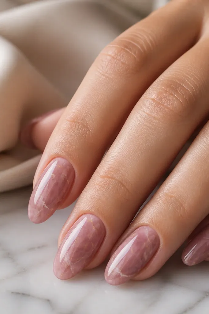 Medium almond nails with clear negative space in thin vein lines. The rest is dusty rose marble with wispy white-gray streaks. The marble looks like stone under glass with a glossy finish.