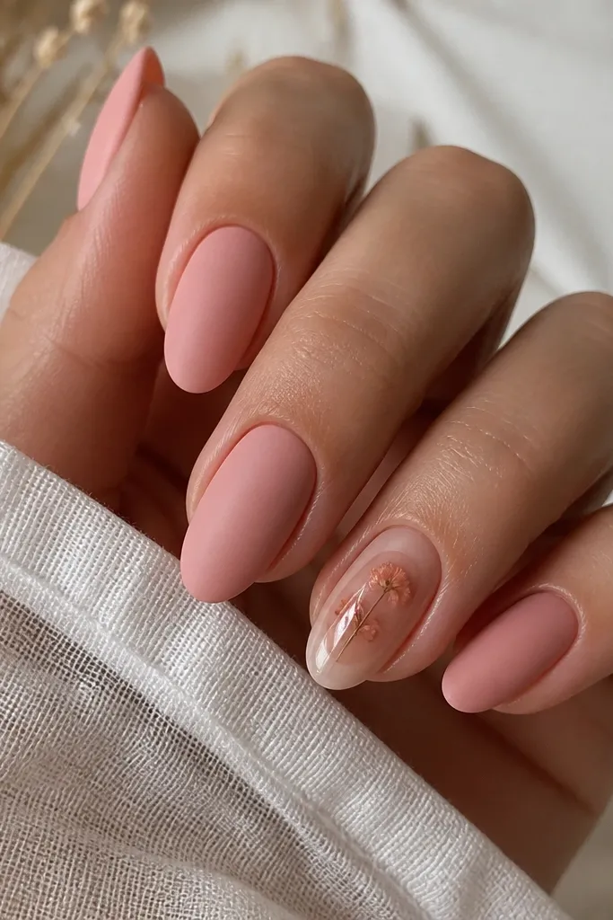 Matte blush nails in a soft peachy pink. One accent nail has a tiny dried flower pressed near the center, with a clear glossy dome over it. The rest are solid matte for contrast.