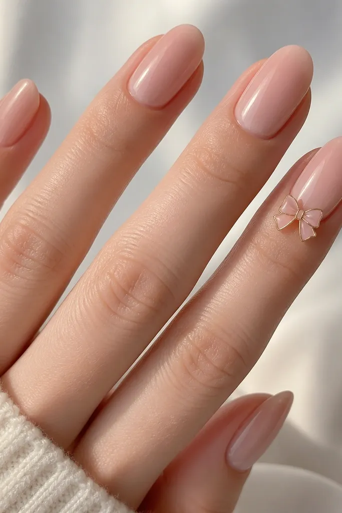 Nude rose nails in glossy finish. On the ring finger, a small 3D bow sits near the cuticle, colored blush pink with a thin gold outline. The other nails are plain with a faint pearly sheen.