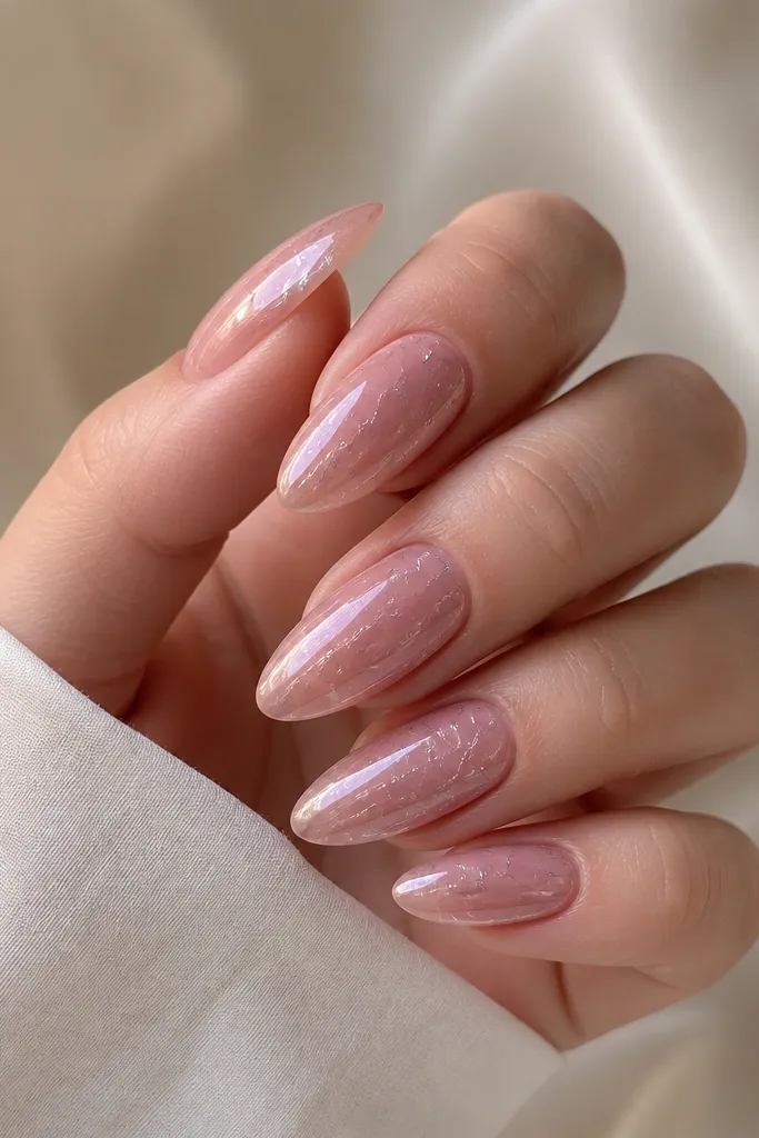 Long almond nails with a milky rose glaze. Fine silver crackle lines run through the glaze like ice veins. The nails look glossy and slightly translucent.
