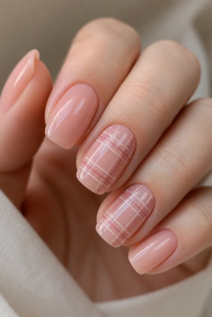 Squoval nails painted a sheer pink base. Two nails have a plaid pattern made of thin darker rose lines and lighter pink lines, with clear grid spaces. The rest are solid sheer with a glossy top coat.