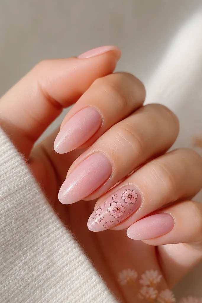 Almond nails with a soft pink fade from cuticle to tip. On the accent nail, tiny cherry blossom petals appear as a delicate cluster. Each petal cluster has a thin umber outline, and the rest of the nails have a gentle blush shimmer.