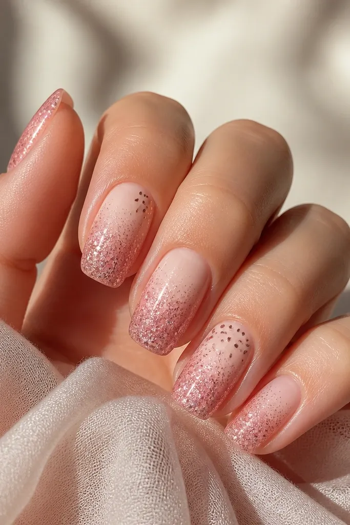 Glitter nails that start sheer at the cuticle and get denser toward the tip. The glitter is blush-pink with a few rose-gold sparkles. Two nails have a stippled rose-gold dot pattern near the cuticle.