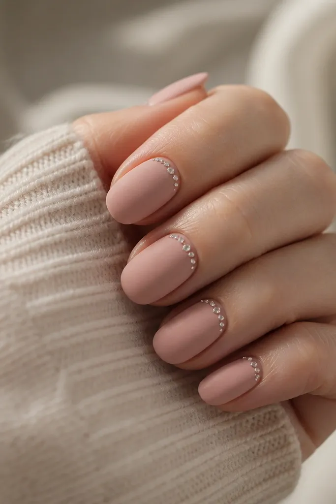 Matte blush nails with a curved micro rhinestone line near the cuticle on each nail. The rhinestones form a soft crescent, evenly spaced, and the rest of the nails are plain matte.